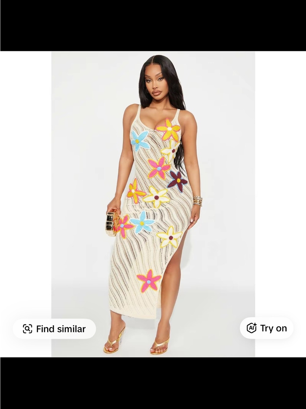 Fashion Nova Cream Crochet Maxi Dress with Multicolor Floral Appliqués